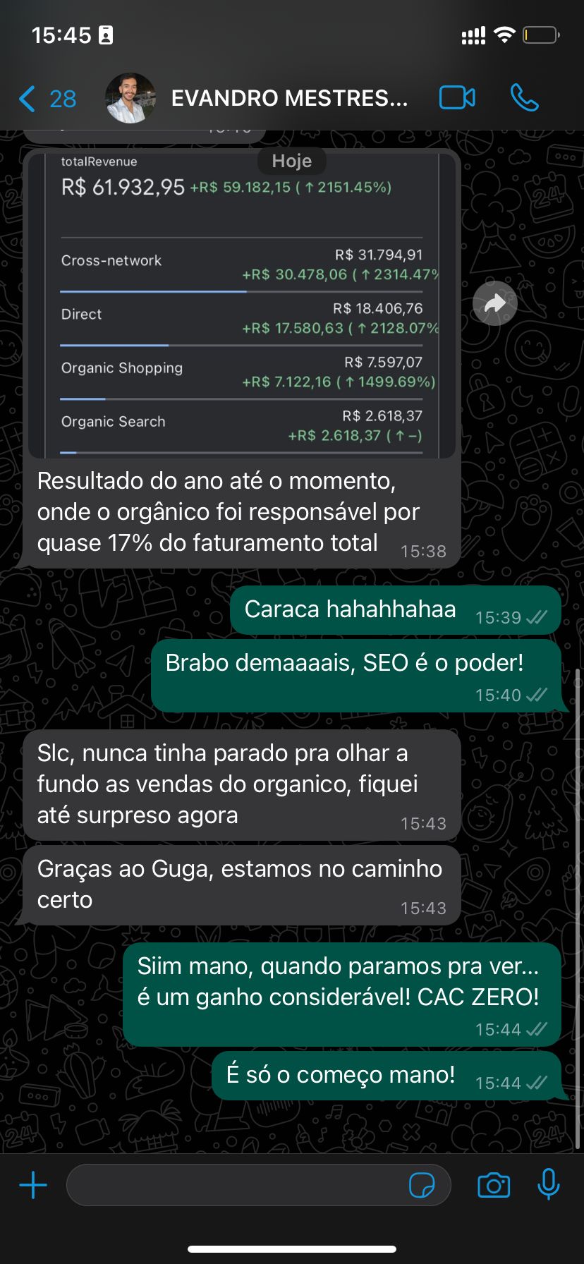 Conversa com Evandro Mestres sobre participação das vendas orgânicas, acompanhada de painel e agradecimento a Guga.