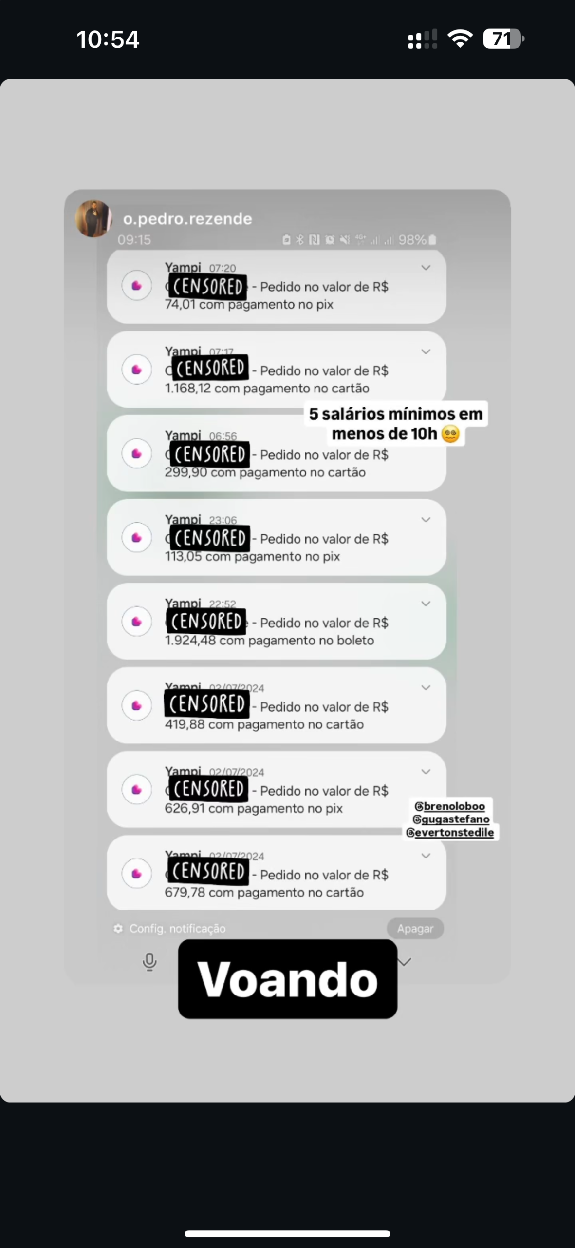 Story de Pedro Rezende com notificações de pedidos e menção a Guga Stefano; dados dos compradores já ocultados na fonte.