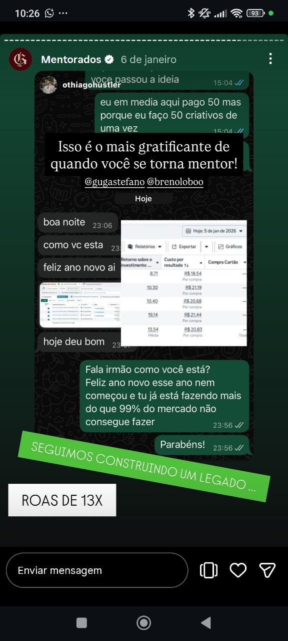 Story de Thiago com conversa sobre criativos, painel de anúncios e celebração de resultados.
