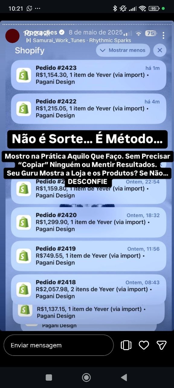 Story de Guga com notificações de pedidos da Pagani Design e a frase Não é sorte, é método.