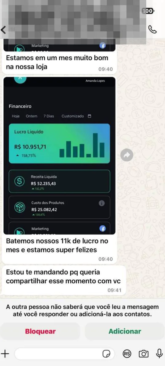 Mensagem de aluna celebrando o mês da loja, com painel de receita, custos e lucro.