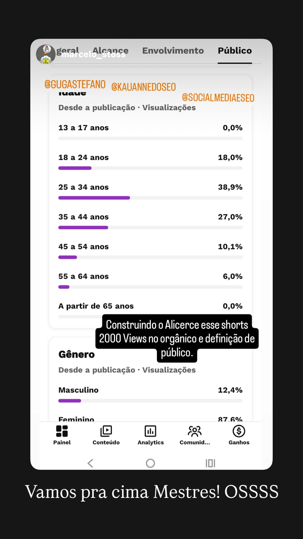 Story de Marcelo com análise de público de conteúdo orgânico e agradecimento a Guga e equipe.