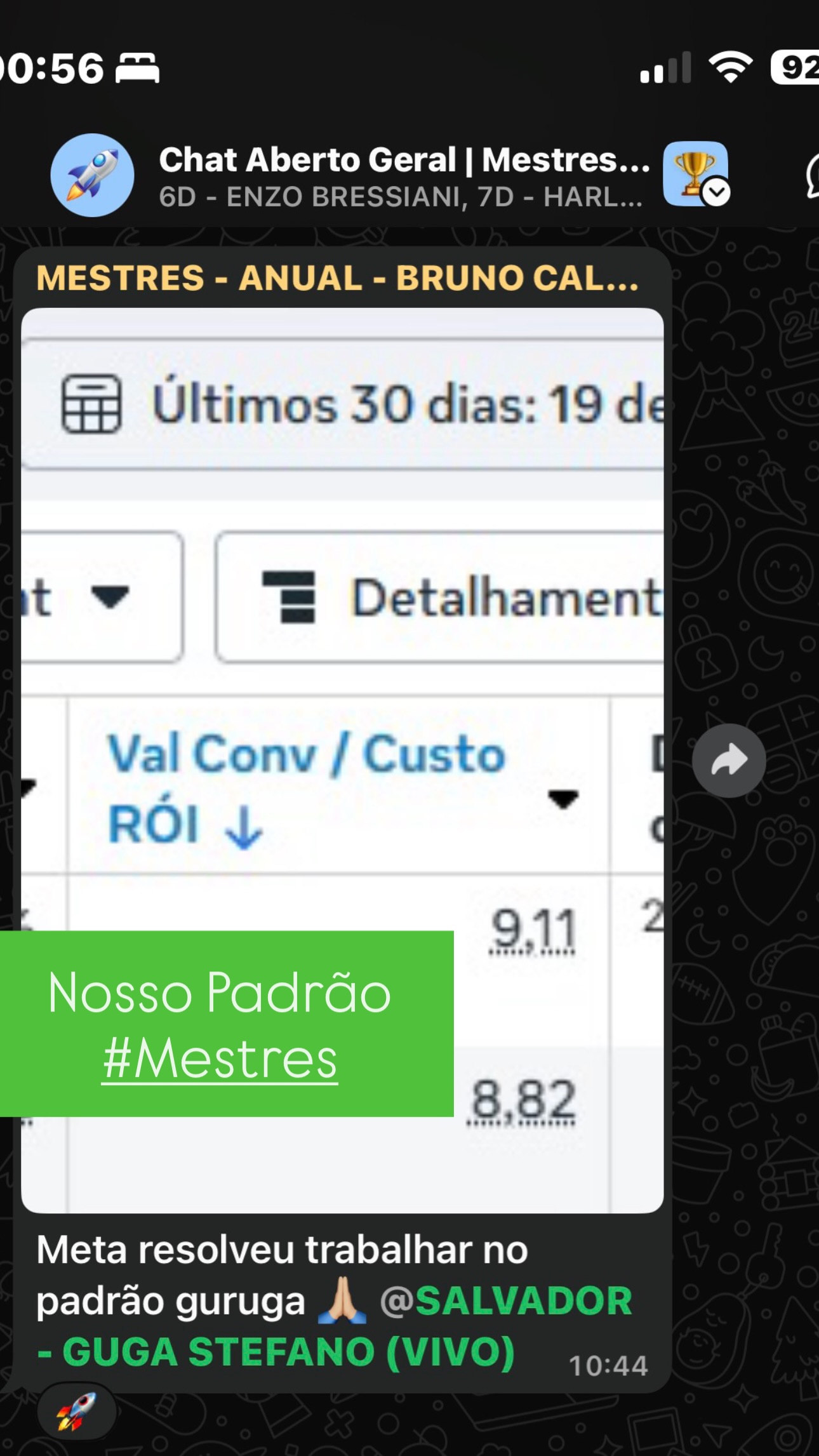 Mensagem em grupo da Mestres com painel de campanhas e agradecimento do mentorado a Guga.